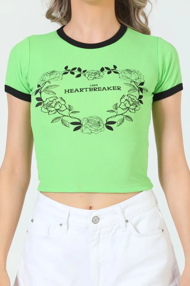 Kadın Likralı Bisiklet Yaka Baskılı Kaşkorse Crop T-shirt Yeşil