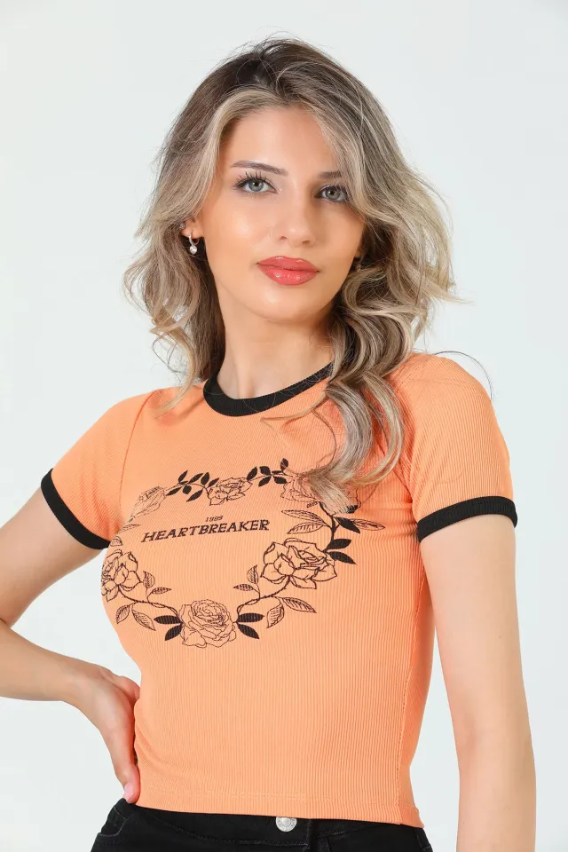Kadın Likralı Bisiklet Yaka Baskılı Kaşkorse Crop T-shirt Somon