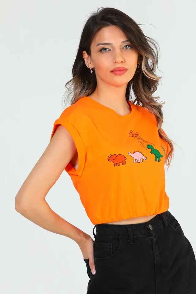 Kadın Likralı Bisiklet Yaka Crop T-shirt Orange