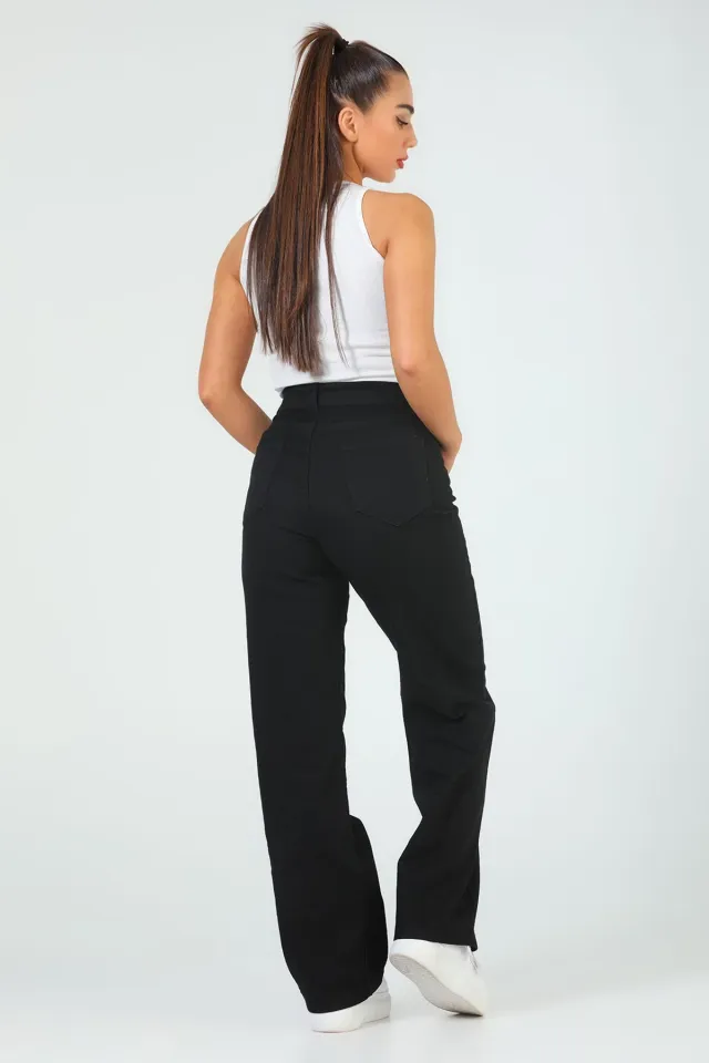 Kadın Likralı Bol Paça Jeans Pantolon Siyah