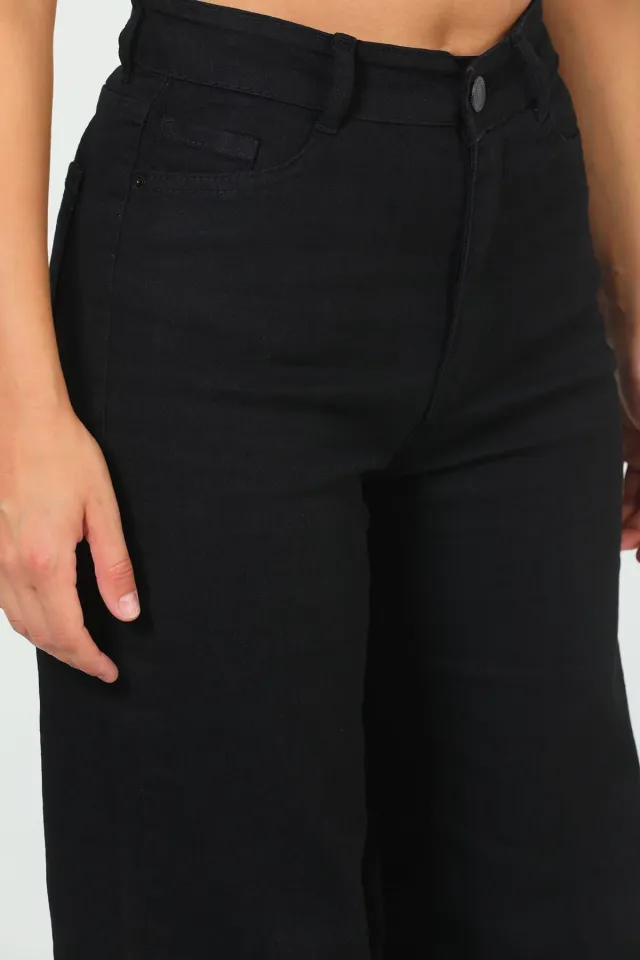 Kadın Likralı Bol Paça Jeans Pantolon Siyah
