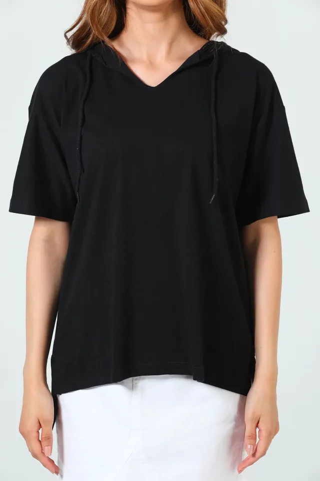 Kadın Likralı Kapüşonlu Yırtmaçlı Spor T-shirt Siyah