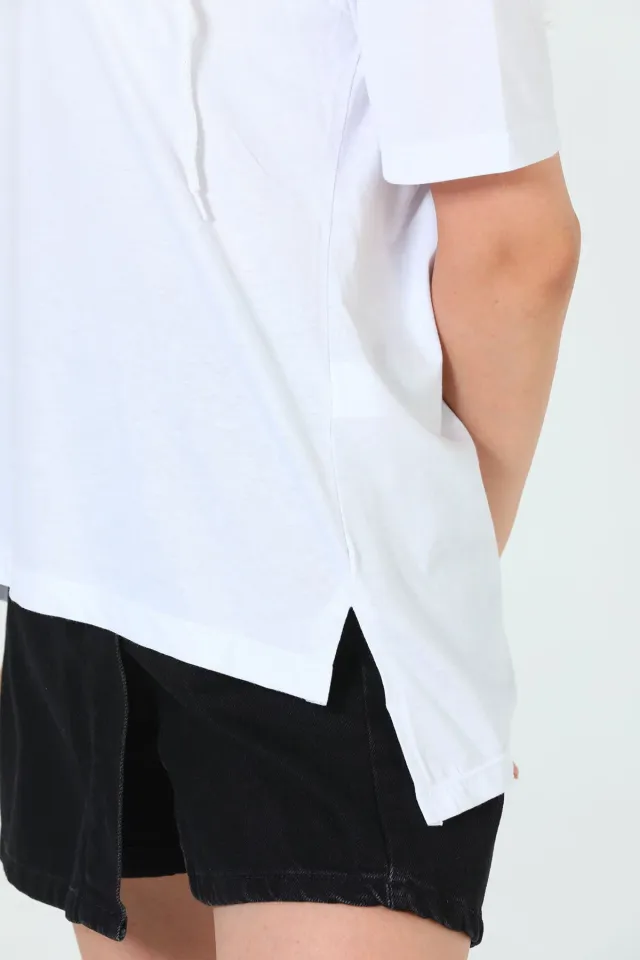 Kadın Likralı Kapüşonlu Yırtmaçlı Spor T-shirt Beyaz