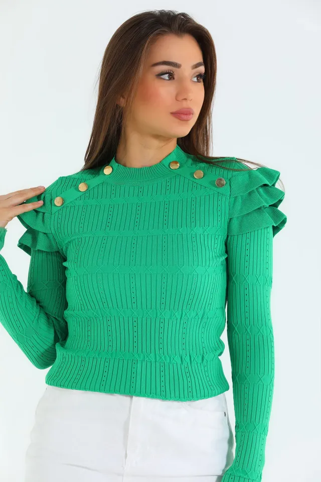 Kadın Likralı Omuz Detaylı Düğmeli Triko Bluz Yeşil