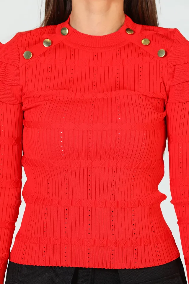 Kadın Likralı Omuz Detaylı Düğmeli Triko Bluz Kırmızı