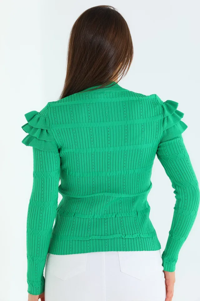 Kadın Likralı Omuz Detaylı Düğmeli Triko Bluz Yeşil
