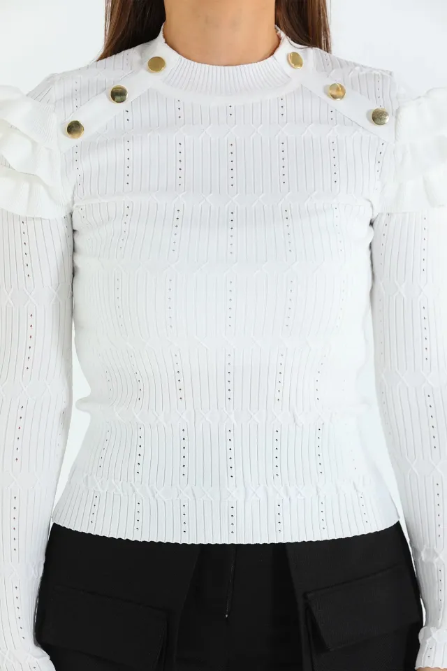 Kadın Likralı Omuz Detaylı Düğmeli Triko Bluz Beyaz