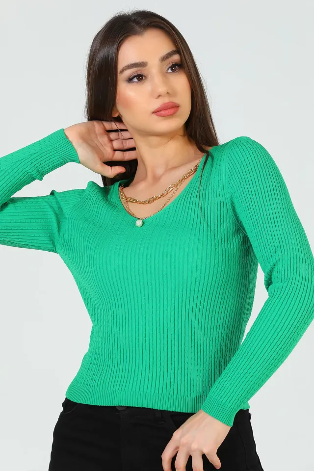 Kadın Likralı Ön Zincirli Triko Bluz Yeşil