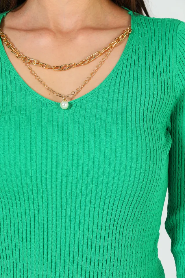 Kadın Likralı Ön Zincirli Triko Bluz Yeşil