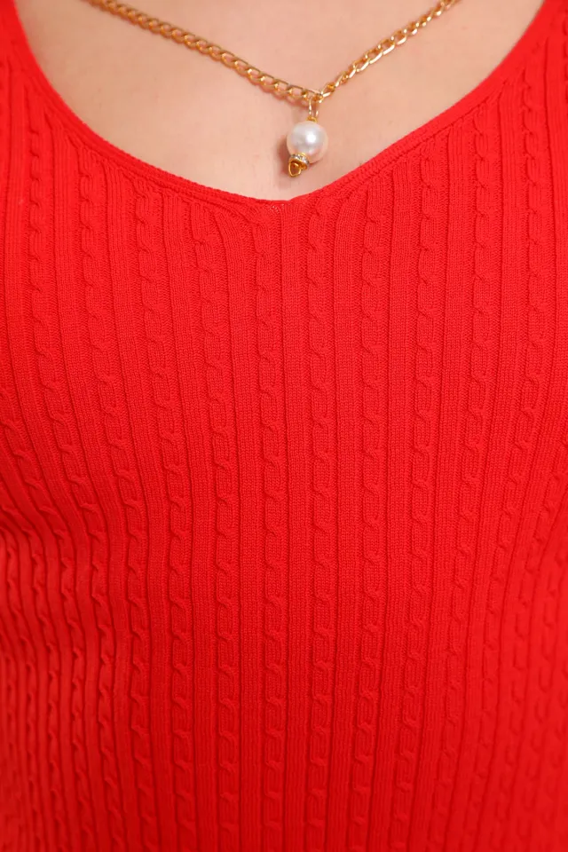 Kadın Likralı Ön Zincirli Triko Bluz Kırmızı