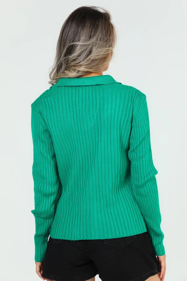 Kadın Likralı Polo Yaka Triko Bluz Yeşil