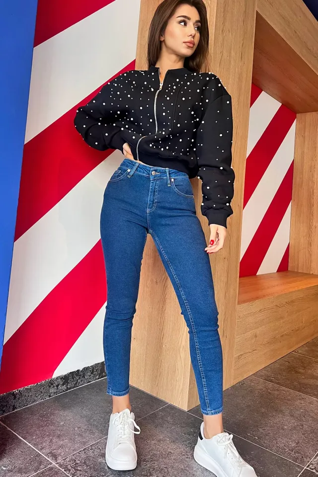 Kadın Likralı Yüksek Bel Jean Kot Pantolon Mavi