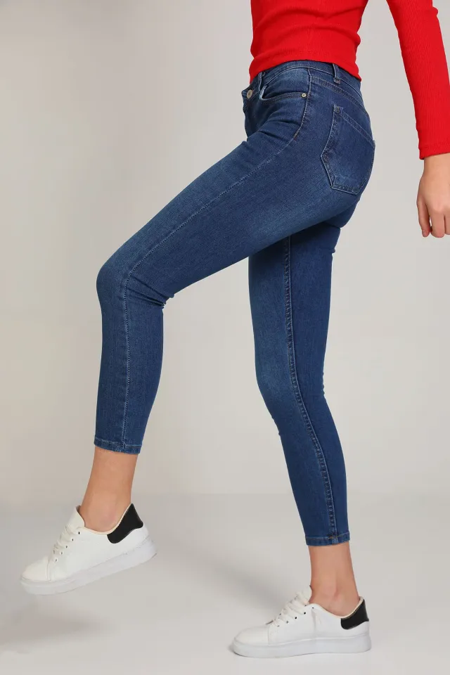 Kadın Likralı Yüksek Bel Jeans Pantolon Mavi