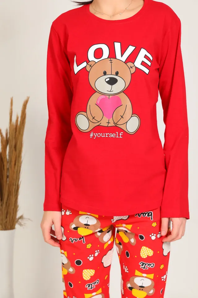 Kadın Love Baskılı Pijama Takımı Kırmızı