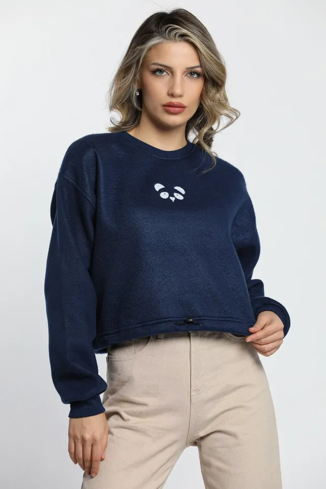 Kadın Nakışlı Bel Lastikli Polar Sweatshirt Lacivert