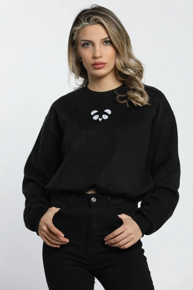 Kadın Nakışlı Bel Lastikli Polar Sweatshirt Siyah