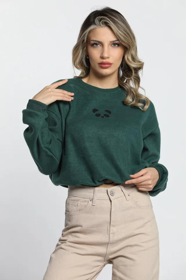 Kadın Nakışlı Bel Lastikli Polar Sweatshirt Yeşil