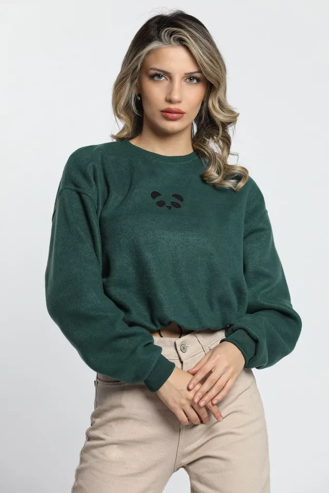 Kadın Nakışlı Bel Lastikli Polar Sweatshirt Yeşil