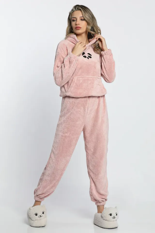 Kadın Nakışlı Peluş Pijama Takımı Pudra