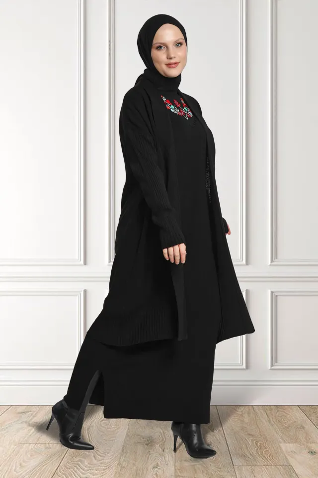 Kadın Nakışlı Triko Elbise Hırka İkili Takım Siyah