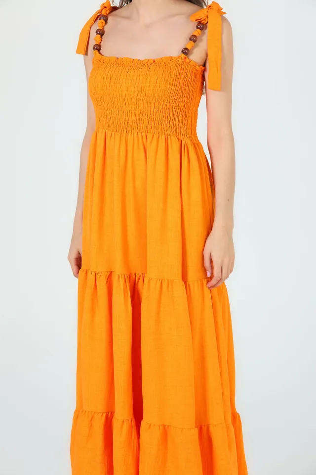 Kadın Omuz Bağlamalı Boncuklu Uzun Elbise Orange