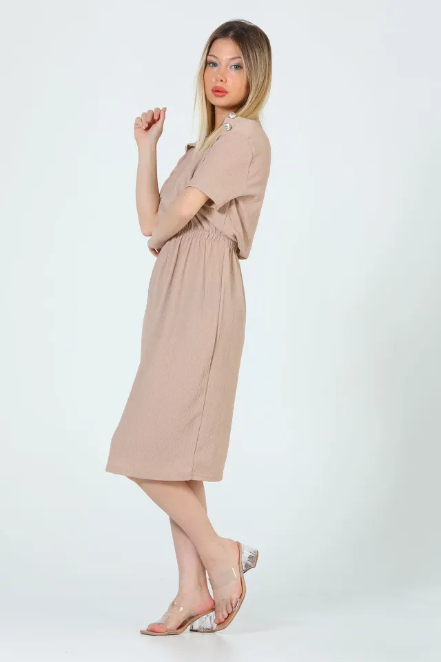 Kadın Omuz Düğme Detaylı Bel Lastikli Elbise Bej