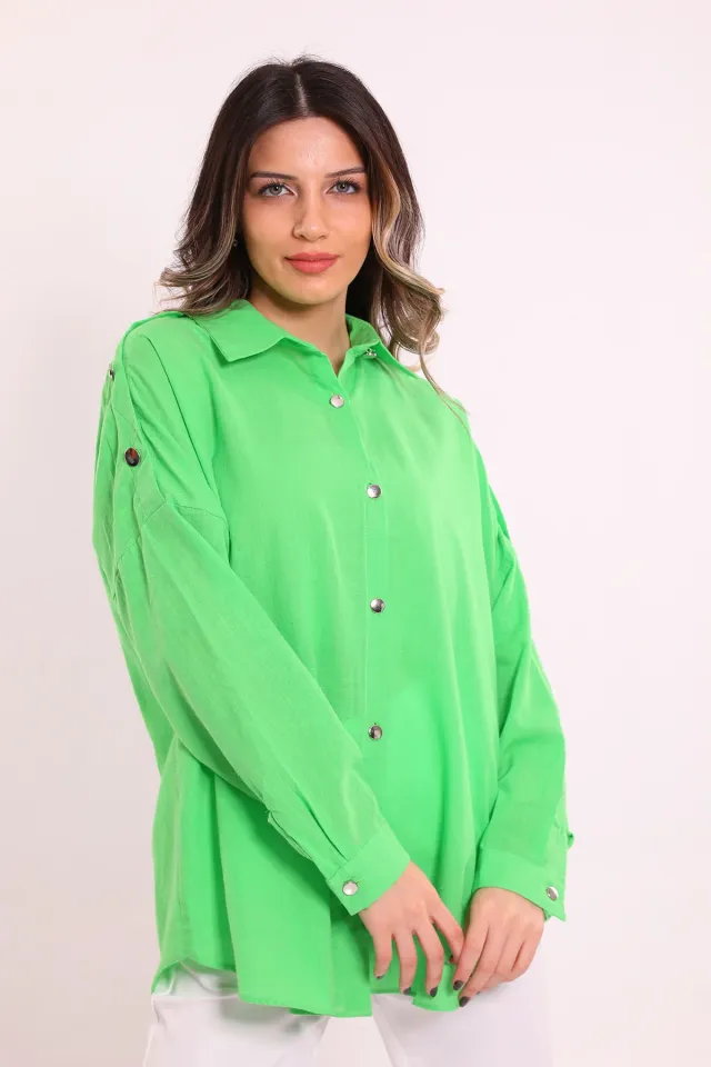 Kadın Omuz Düğme Detaylı Salaş Gömlek Yeşil