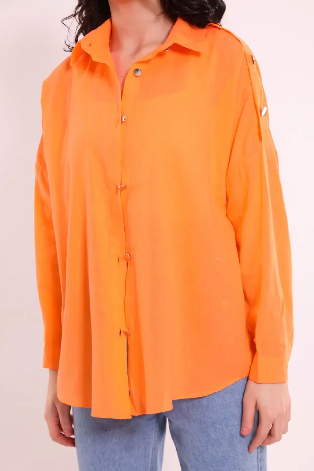 Kadın Omuz Düğme Detaylı Salaş Gömlek Orange