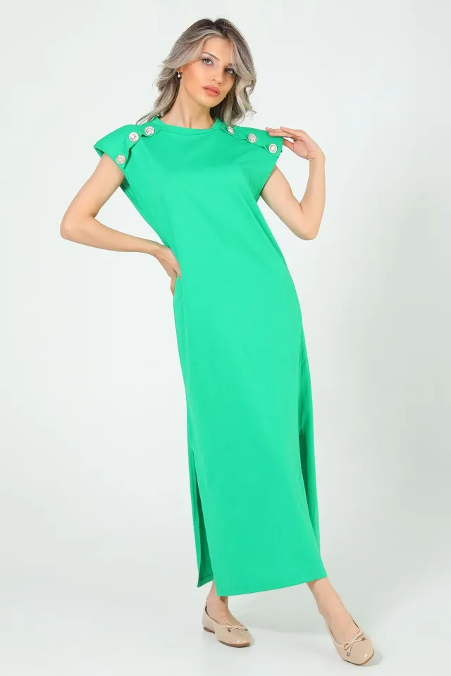 Kadın Omuz Vatkalı Düğme Detaylı Elbise Yeşil