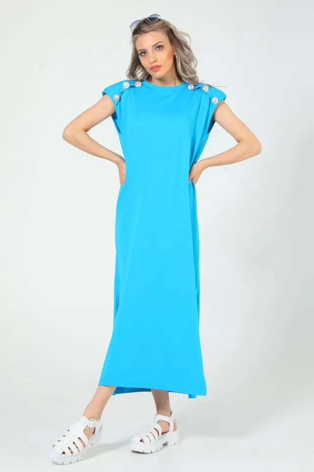 Kadın Omuz Vatkalı Düğme Detaylı Elbise Mavi