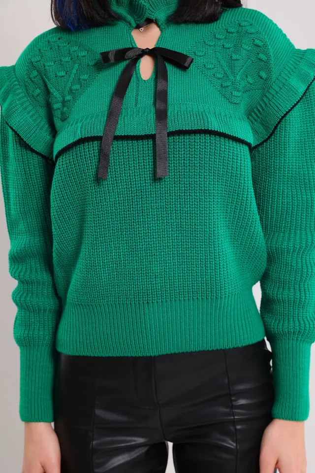 Kadın Ön Bağcık Detaylı Triko Bluz Yeşil