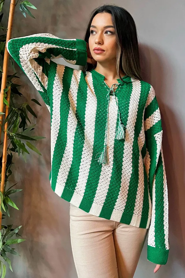Kadın Ön Bağlama Detaylı Ajurlu Triko Bluz Yeşil