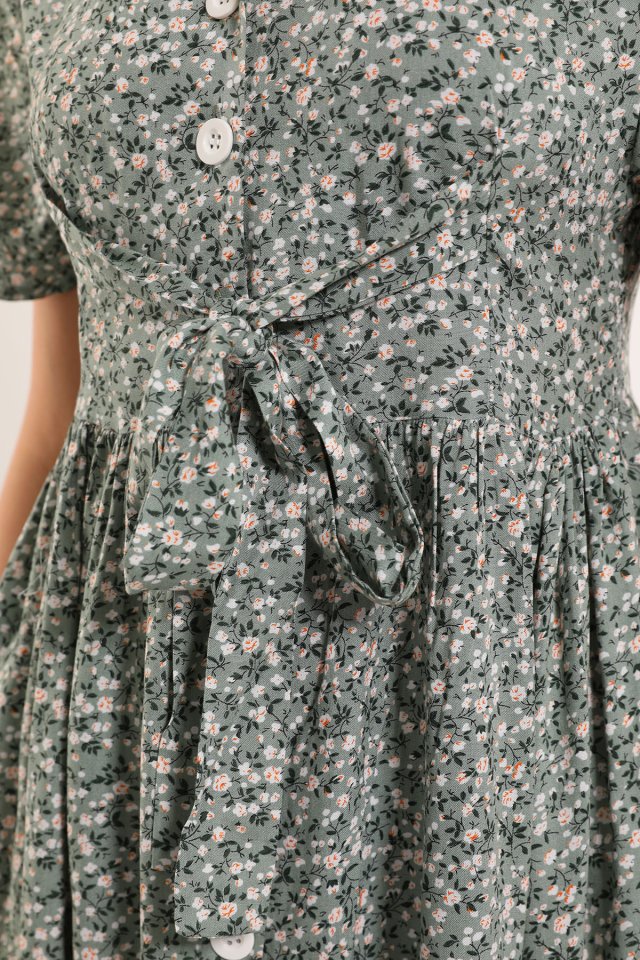 Kadın Ön Bağlamalı Çiçek Desenli Elbise Mint