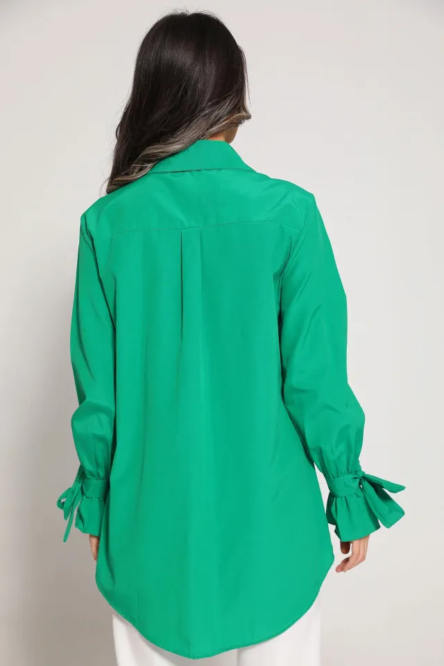 Kadın Ön Boncuk Detaylı Kol Bağlamalı Salaş Tesettür Gömlek Yeşil