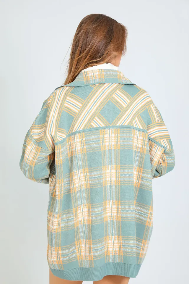 Kadın Ön Cep Detaylı Ekose Desenli Triko Ceket Hırka Mint