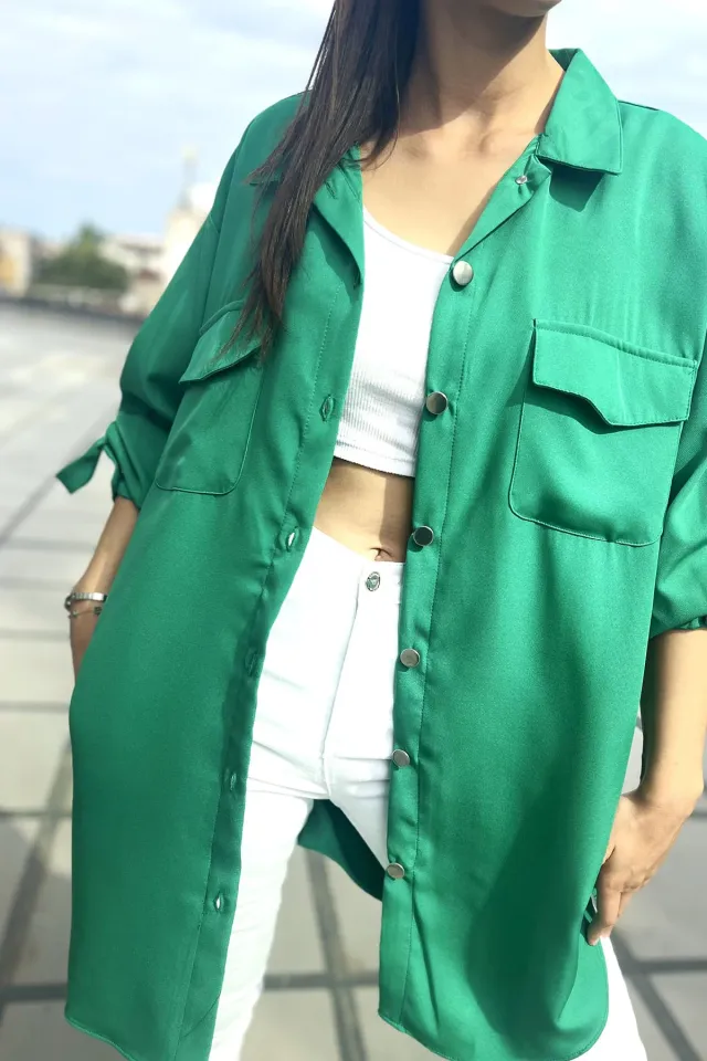 Kadın Ön Cep Detaylı Gömlek Yeşil