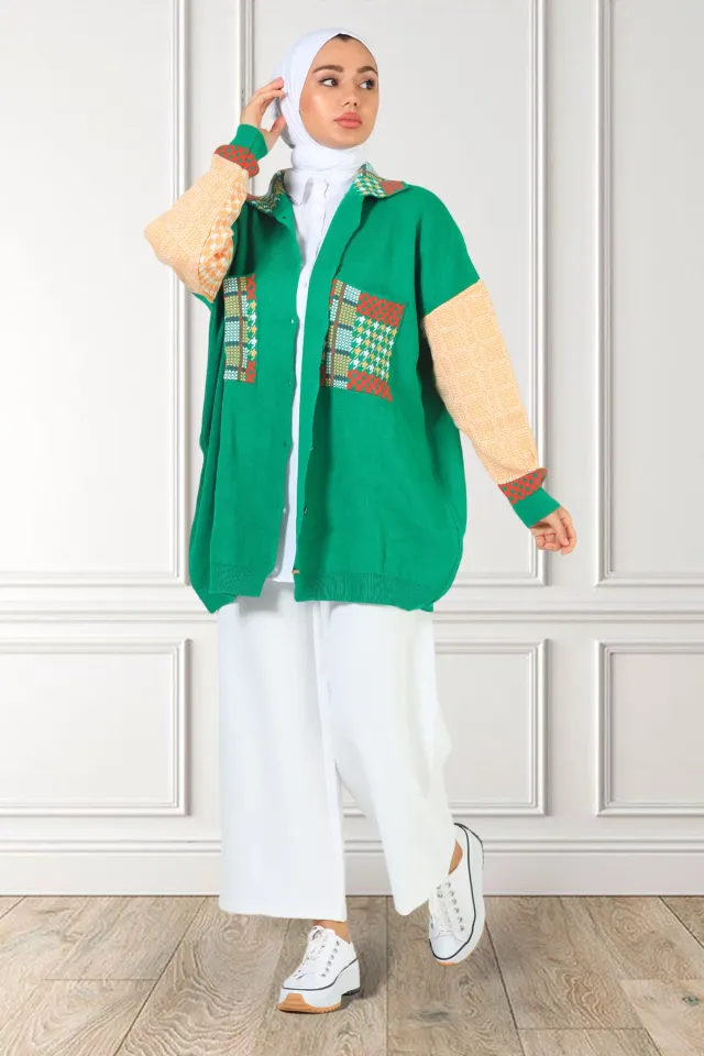 Kadın Ön Cep Detaylı Kazayaği Desenli Triko Ceket Hırka Yeşil
