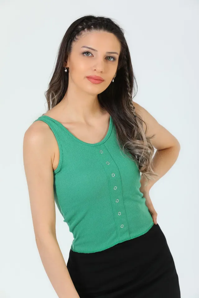 Kadın Ön Çıtçıt Detaylı Crop Bluz Yeşil