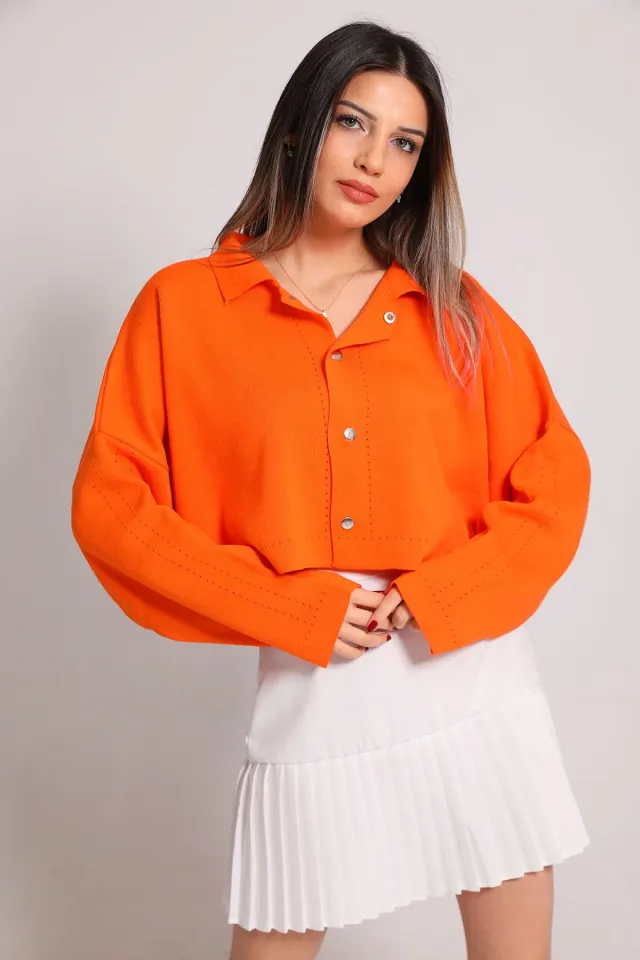 Kadın Ön Çıtçıtlı Oversize Crop Triko Hırka Orange