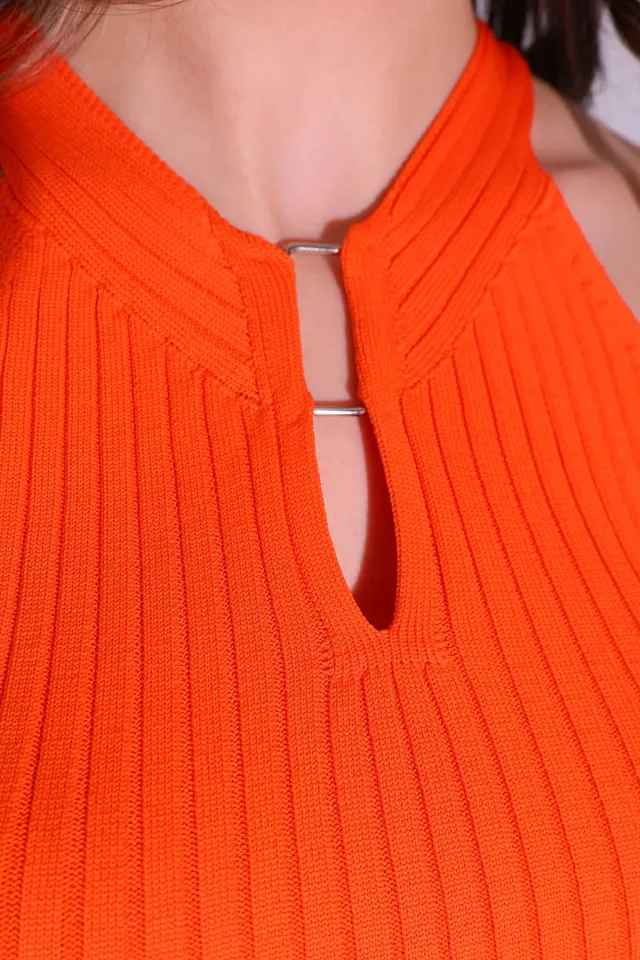 Kadın Ön Detaylı Kolsuz Crop Triko Bluz Orange