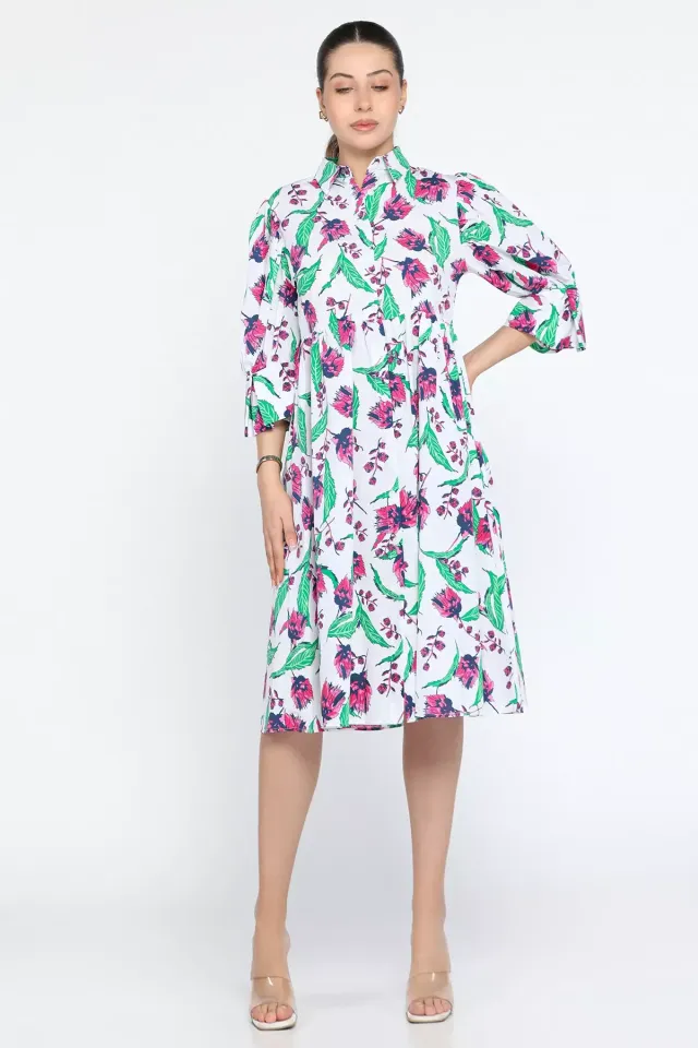 Kadın Ön Düğme Detaylı Desenli Elbise Krem
