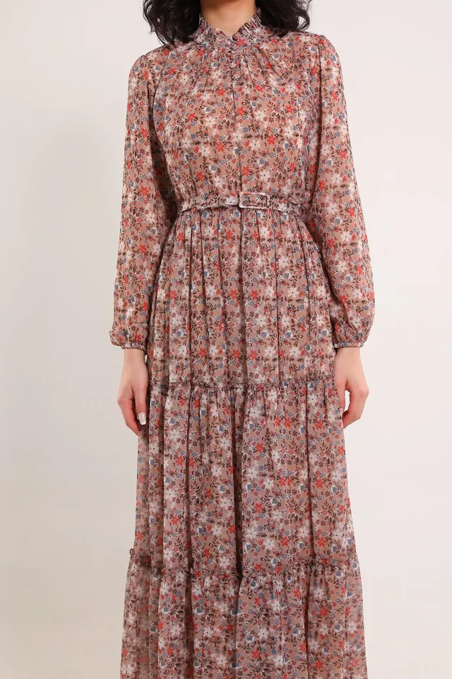 Kadın Ön Düğme Detaylı Desenli Kemerli Elbise Bej