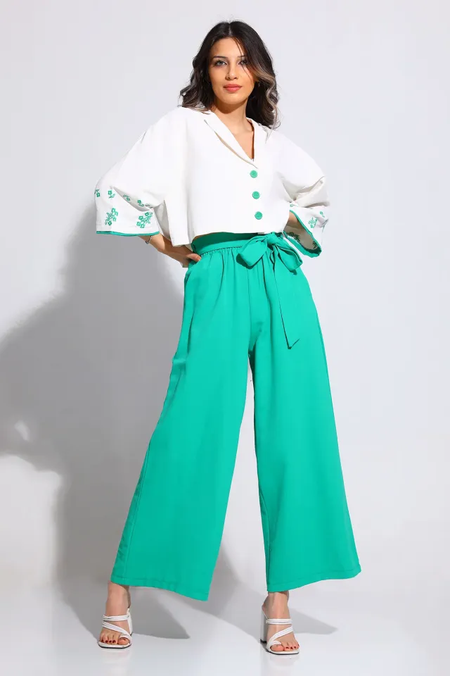 Kadın Ön Düğme Detaylı Nakış Desenli Gömlek Pantolon İkili Takım Yeşil
