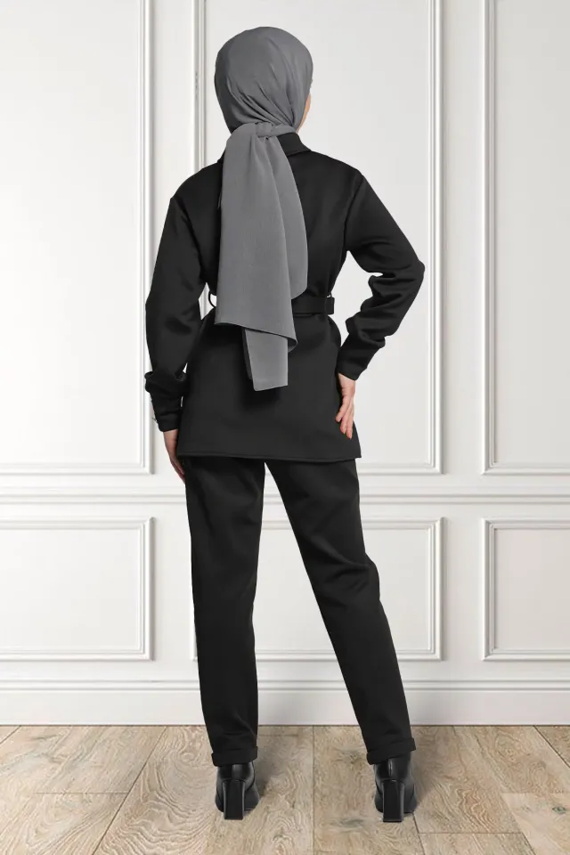Kadın Ön Düğmeli Bel Kuşak Detaylı Tunik Pantolon Tesettür İkili Takım Siyah