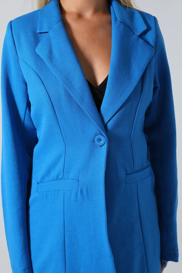 Kadın Ön Düğmeli Keten Blazer Ceket İndigo