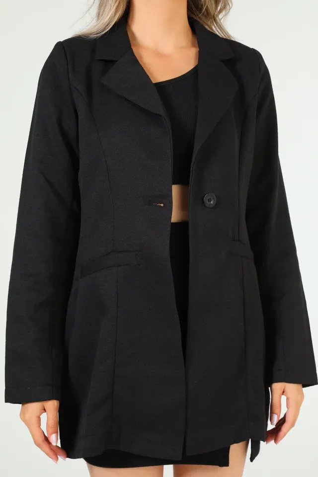 Kadın Ön Düğmeli Keten Blazer Ceket Siyah