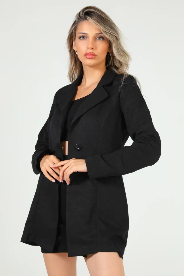 Kadın Ön Düğmeli Keten Blazer Ceket Siyah