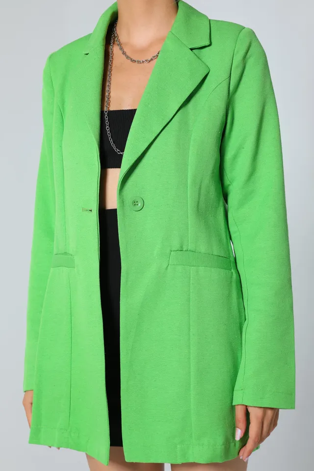 Kadın Ön Düğmeli Keten Blazer Ceket Yeşil