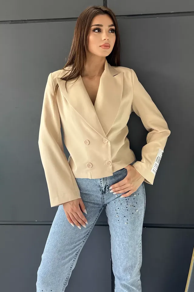 Kadın Ön Düğmeli Kısa Blazer Ceket Taş