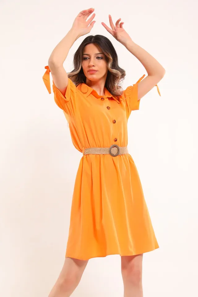 Kadın Ön Düğmeli Kol Bağlama Detaylı Hasır Kemerli Elbise Orange